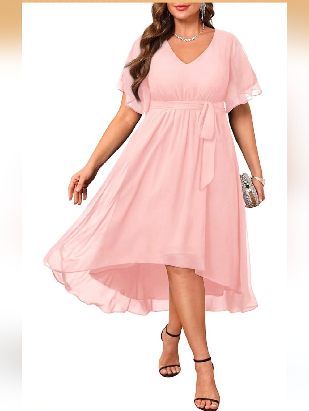 Women's V-Neck Chiffon Dress with Waist Tie